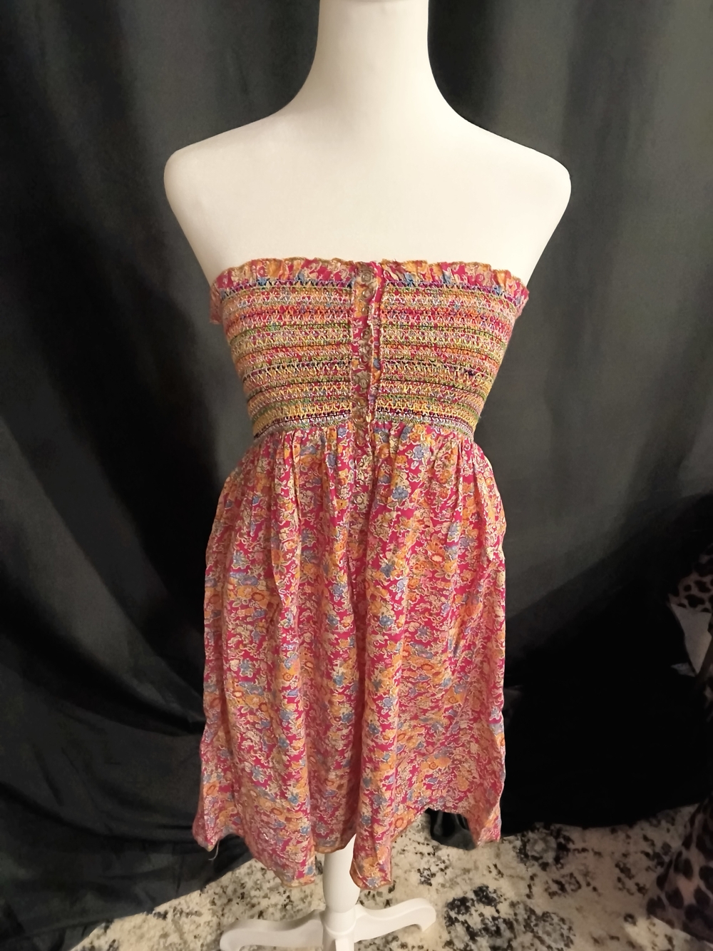 Smocked Strapless Tunic Top in Red& Yellow Floral